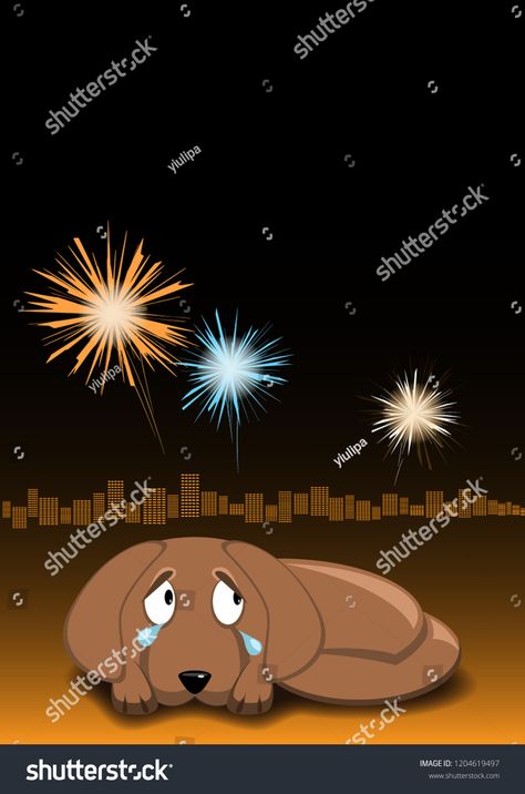 Dog is afraid of fireworks and crying. (Dogs afraid din sounds). Night sky, fireworks and city lights on background. Vector image. Eps 10.din#Dogs#Night#sounds Sky Fireworks, Dogs And Fireworks, Inktober Ideas, Photographer Business Card Template, Photographer Business Cards, Photographer Business, Fire Works, Business Advertising Design, Business Advertising