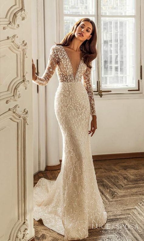 Weddinginspirasi.com featuring - Luce Sposa 2021 “Shades of Couture” Wedding Dresses -- luce sposa 2021 shades of couture bridal long sleeves plunging v neckline fully embellished sheath wedding dress chapel train (melody) mv #Ad #Bridal #LuceSposa #Sposa #Wedding #Weddingdress #WeddingDresses #WeddingGown #WeddingGowns ~ Couture Wedding Dresses, Wedding Inspirasi, Classy Wedding Dress, Wedding Dress Guide, Sheath Wedding, Exquisite Gowns, Couture Bridal, Dream Wedding Ideas Dresses, Fitted Wedding Dress