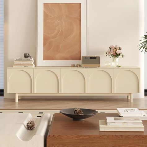 Mercer41 Haana 78.8'' W TV Stands One-Piece Storage Credenza Media Console | Wayfair White Tv Cabinet, Cream Furniture, French Cream, White Tv Stands, Arch Shape, White Tv, Cool Tv Stands, Roman Architecture, Storage Credenza