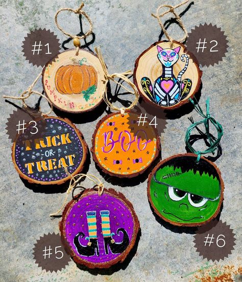 "These are all hand painted with acrylic paint & sealed upon finish - in the 4\" range of size!" Hand Painted Things To Sell, Painted Pumpkins On Wood, Halloween Wood Slice Ornaments, Autumn Ornaments, Tree Seasons, Pumpkin Witch Hat, Woodburning Ideas, Wood Halloween, Library Crafts