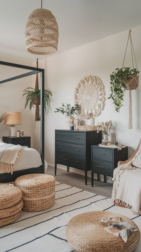 29 Must Have Black Boho Bedroom Accessories Boho Black Home Decor, Boho Bedroom With Black Bed, Boho Room Black Furniture, Boho Decor With Black Accents, Modern Boho Guest Bedroom, Boho Bedroom Black Accent Wall, Dark Boho Master Room Bedroom Ideas, Black And Wicker Bedroom, Black Beach House Interiors