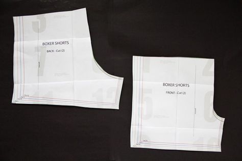 Print out and tape together the boxer short pattern pages. Pajamas Shorts Pattern, Boy Shorts Pattern, Shorts Pattern Sewing, Boxer Pattern, Boxer Shorts Pattern, Womens Boxer Shorts, Shorts Pattern Free, Woman Boxer, Shorts Pattern Women