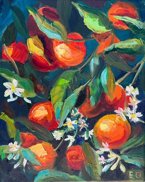 "Original Handmade Oil Painting \"Blooming Mandarin bush \" by Elina Birzkalne Mandarin bush Original oil painting Fruit oil painting Fruit art Fruit painting Citrus art Home Décor Wall Hanging By Elina Birzkalne 30 cm x 24 cm or 11,8 x 9,45 inches This is an original handmade oil painting on stretched linen canvas Shipping Worldwide from Latvia, European Union The compositions are original works of art, painted in only one copy, observing the basics of academic painting. A lot of time and effor Impressionist Fruit Painting, Abstract Fruit Painting, Orange Fruit Painting, Citrus Painting, Oil Painting Orange, Oil Painting Fruit, Academic Painting, Fruit Oil Painting, Fruits Art