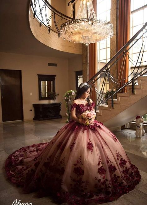 Rose Gold And Burgundy Quinceanera Dress, Burgundy Sweet 16 Dress, Red Velvet Quinceanera Dresses, Chambelanes Outfits Red Wine, Red And Beige Quince Dress, Dark Red And Champagne Quince, Burgundy Dress Quinceanera, Red Wine Quince Dress, Burgundy And Blush Quinceanera Theme