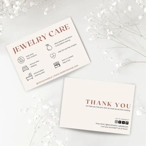 Jewelry Care Card, Jewelry Cards, Card Templates Printable, Thank You Card Design, Jewelry Care Instructions, Accessories Packing, Jewelry Card, Care Card, Jewelry Packaging