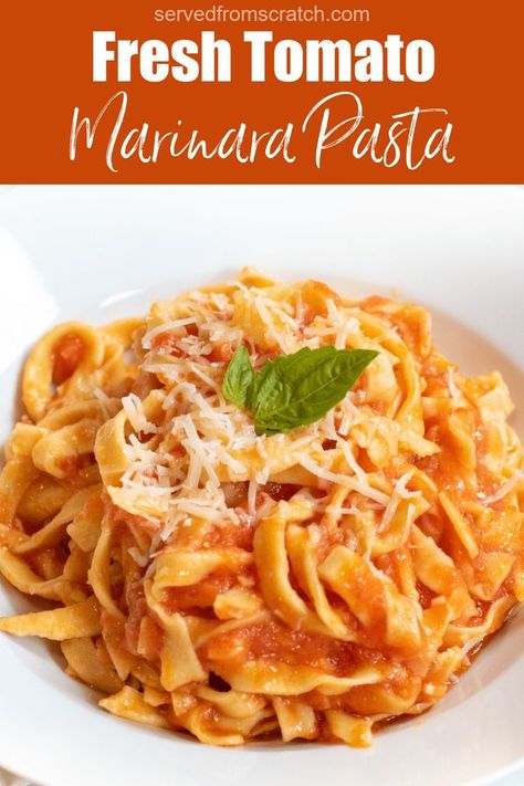 a plate of fresh pasta with marinara cheese and basil with Pinterest pin text. Fresh Tomato Marinara Sauce, Marinara Pasta, Homemade Marinara Sauce, Marinara Sauce Homemade, Cheesy Pasta, Homemade Marinara, Yummy Pasta Recipes, Healthy Pasta Recipes, Healthy Pastas