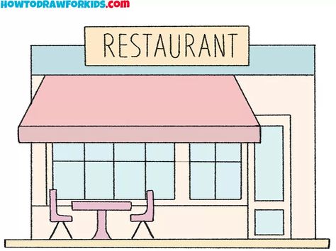 How to Draw a Restaurant - Easy Drawing Tutorial For Kids Fast Food Restaurant Drawing, Restaurant Drawing Easy, Cafe Drawing Easy, Restaurant Doodle, Restaurant Sketch, Restaurant Cartoon, Restaurant Drawing, Drawing Tiny, Draw Buildings