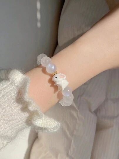 Womens Short Dress, Button Decorations, Rabbit Decor, Glass Beaded Bracelets, Elastic Bracelet, Women's Shapewear, Beads Bracelet, White Beads, White Collar