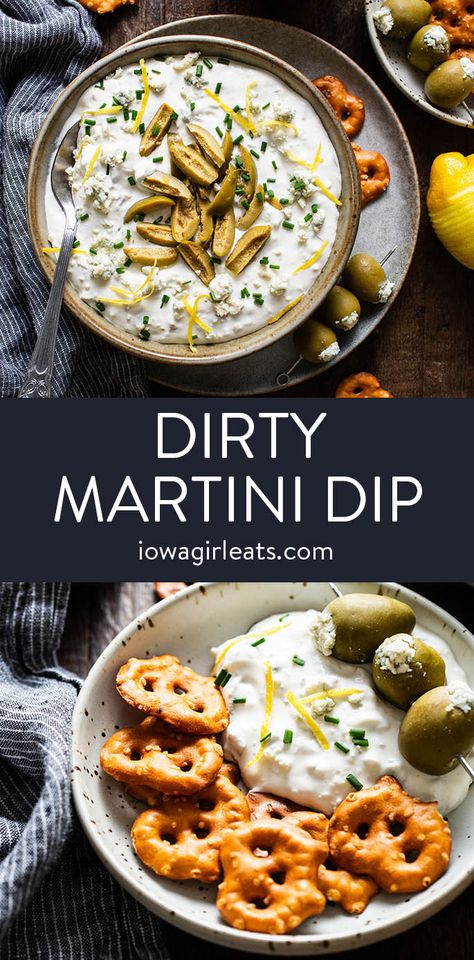 Dirty Martini Dip tastes like an olive-adorned dirty martini in dip form! This alcohol-free, bold and zesty dip is irresistible. iowagirleats.com creamy dip, easy dip, sour cream dip, cream cheese dip Maui Onion Dip, Dip Party Dips, Dip For Party Crowd Pleasers, Dirty Martini Dip With Blue Cheese, Martini Dip Recipe, Award Winning Dip Recipes, Dip Made With Cream Cheese, Dirty Martini Dip Recipe, Warm Dips Easy