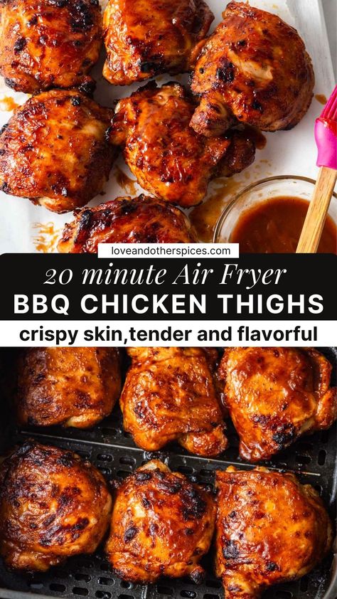 These Air Fryer BBQ Chicken Thighs come out crispy and juicy in 20 minutes without the need to fire up the grill. They're perfectly seasoned and slathered with plenty of barbecue sauce for a delicious chicken meal. Air Fryer Bbq Chicken Thighs, Air Fryer Bbq Chicken, Air Fryer Recipes Chicken Thighs, Bbq Chicken Thighs, Stovetop Chicken, Air Fryer Chicken Thighs, Recipes Air Fryer, Cooks Air Fryer, Recipes Oven