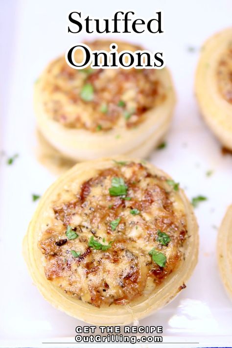 Stuffed Onions are a flavorful and delicious side dish for any meal on the grill. Caramelized onions mixed with cheese, herbs and spices stuffed inside onion shells are grilled alongside steaks, chicken or pork for an easy addition to any meal. Stuffed Onions, Bbq Side Dishes, Bbq Burgers, Summer Grilling Recipes, Low Carb Sides, Grilled Onions, Onion Recipes, Barbecue Recipes, On The Grill