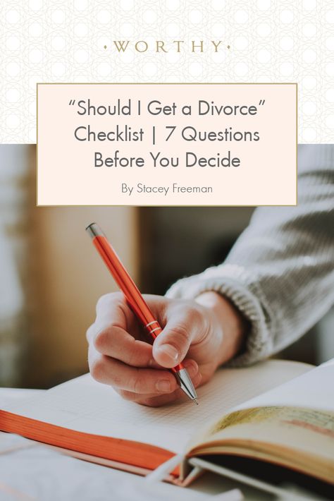 The Divorce Checklist is here. See the seven things you should check off before contemplating divorce. From finances to counseling, find out what Stacey Freeman believes you need to determine before ending things. Divorce Checklist, Before Divorce, Pre Marriage Counseling, Feeling Betrayed, Marital Problems, Social Pressure, Guilt Trips, Best Marriage Advice, Women Health Care