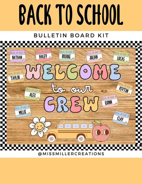 Groovy Back to School Bulletin Board Kit 'welcome to Our Crew' - Etsy Begining School Year Bulletin Boards, First Month Of School Bulletin Boards, Meet The Teacher Bulletin Board Display, New Class Bulletin Board Ideas, Name Display For Classroom, Back To School Bulletin Boards Kinder, Back To School Bulletin Boards 1st Grade, Welcome To 6th Grade Bulletin Boards, Meet Our New Crew Bulletin Board