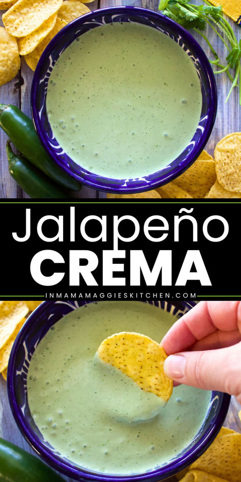 Jalapeño Crema is rich, velvety, and spicy. It’s the perfect topping for tacos or chips. Best part, it’s ready in minutes! Mexican Snack Recipes, Jalapeno Crema Recipe, Jalapeño Crema, Cilantro Lime Crema Recipe, Mexican Appetizer Recipes, Mexican Finger Foods, Lime Crema Recipe, Keto Family Meals, Mexican Pinwheels