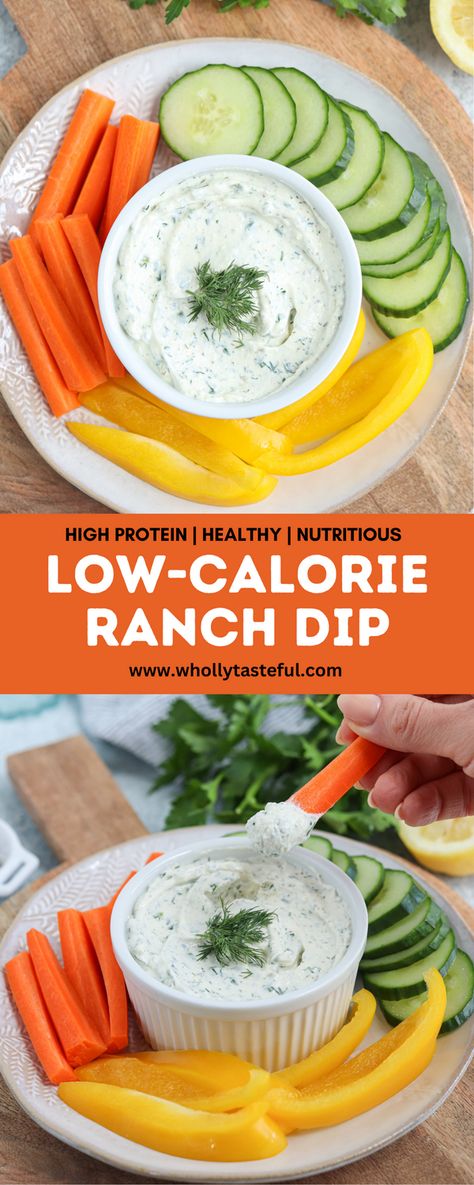 Low-calorie, high-protein Ranch Dip is super easy to make and perfect for enjoying with veggie sticks and cucumber slices. Made with cottage cheese, Ranch seasoning and fresh herbs.  low calorie weight loss meal ideas Low Carb Vegetable Dip, Low Calorie Vegetable Dip, High Protein Dip For Veggies, High Protein Vegetable Dip, Low Fat Veggie Dip, Low Calorie Dips For Veggies, High Protein Veggie Dip, Low Calorie Veggie Dip, Super Low Calorie Meals