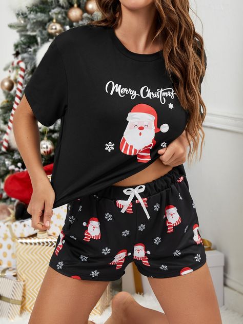 Negro Dulce Collar manga corta  Navideño Conjunto de Pantalones Cortos Embellished Estiramiento medio  Pijama y Ropa de Descanso de Mujer Christmas Pjs Women, Toddler Christmas Pajamas, Kids Christmas Pjs, Christmas Pj, Christmas Tee Shirts, Christmas Pjs, Toddler Christmas, Family Pajamas, Pajama Set Women