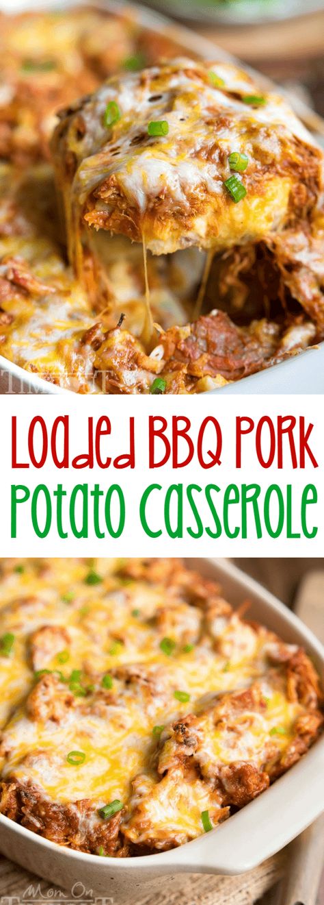 This crowd pleasing recipe is sure to be a hit at your next barbecue or picnic! This Loaded BBQ Pork Potato Casserole is so easy to make and crazy delicious. Comfort food at it's best! | MomOnTimeout.com Pork Potato Casserole, Pork Casserole, Pork Dinner, Potatoe Casserole Recipes, Crowd Pleasing Recipes, Pulled Pork Recipes, Delish Recipes, Bbq Pork, Easy Dinners