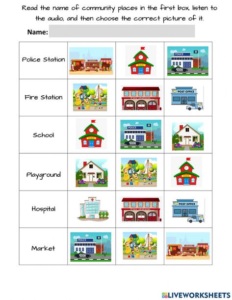 Places In Our Community Preschool, Places In The Community Worksheet, Community Places Worksheets, Places In The Community Kindergarten, Community Places Preschool Activities, Preposition Worksheets Kindergarten, Live Worksheet, Where Do I Live, Places In The Community