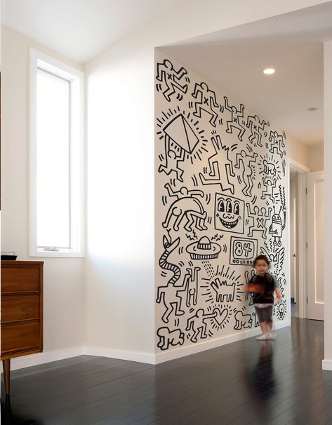 Symbols Wall Panels by Keith Haring | Symbols Removable Wall Paper | Blik Black And White Statement Wallpaper, Bed Room Light, Art Gallery Interior Design, Curtain Ideas For Living Room, Gallery Interior Design, Fabric Wall Panels, Patterned Wall Tiles, Inmobiliaria Ideas, Doodle Wall