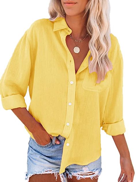 Paintcolors Women's Button Up Shirts Cotton Roll-Up Sleeve Blouses V Neck Casual Tunics Solid Color Tops with Pockets - Yellow S at Amazon Women’s Clothing store Blouses V Neck, Black Button Up Shirt, Tunic Tops Casual, Casual Tunics, Women's Button Down Shirt, Shirts Long Sleeve, White Button Down Shirt, Work Tops, Dress Shirts For Women