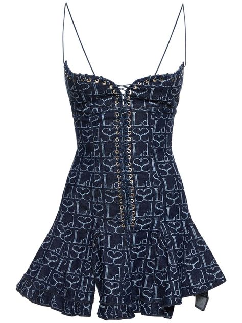 Find LUDOVIC DE SAINT SERNIN Monogram Logo Denim Corset Minidress on Editorialist. Front and back lace-up closures with reinforced eyelets. All over pattern placement may vary. Model is wearing a sizeS 00s Dresses, Ludovic De Saint Sernin, Denim Corset, All Over Pattern, Guest Attire, Navy Fashion, Monogram Logo, Kpop Outfits, Corset Dress