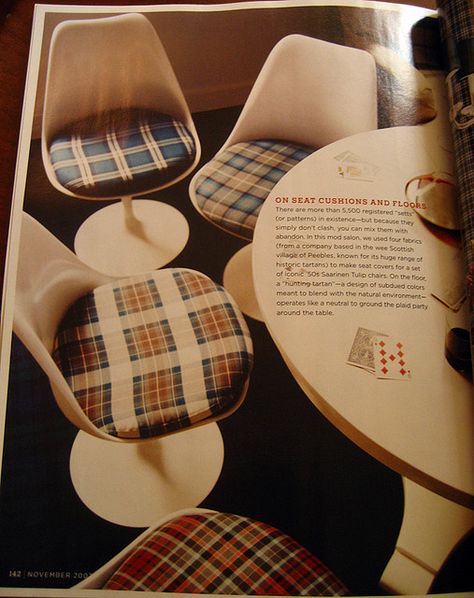 Tulip chairs with plaid seats Eero Saarinen Tulip Chair, Saarinen Tulip Chair, Tulip Chairs, Tulip Chair Saarinen, Mid Century Dining Room, Midcentury Interior, Rumpus Room, 1970s Home, Tulip Chair