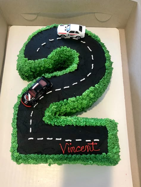 Bday cake for my boy! Car theme 2nd Birthday Cake Boy, Race Track Cake, Pastel Rainbow Cake, Toddler Birthday Cakes, Cars Theme Cake, Race Car Cakes, Cake Designs For Kids, Topper Name, Rainbow Cake Topper