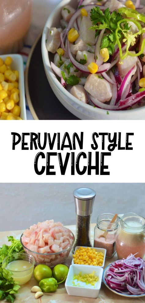 Peruvian Style Ceviche Peruvian Ceviche Recipe, Fish Ceviche, Mexican Ceviche, Peruvian Ceviche, Boiling Sweet Potatoes, Peruvian Dishes, Ceviche Recipe, Peruvian Cuisine, Sweet Potato Chips