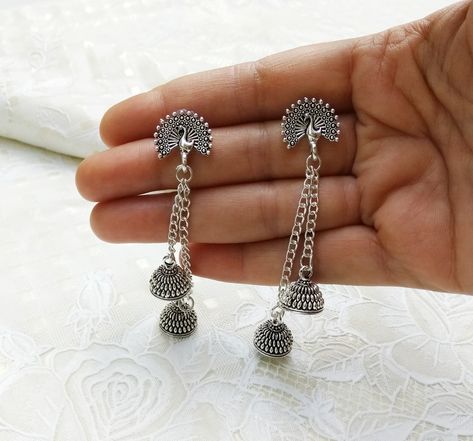 Indian silver peacock ethnic tribal earrings for women, Antique long dangle boho engraved Jumkas, Bohemian Indian vintage style jewellery. Oxidised Silver Jewelry, Silver Jewelry Accessories, Indian Jewelry Earrings, Antique Jewellery Designs, Antique Silver Jewelry, Silver Jewellery Indian, Indian Jewellery Design Earrings, Antique Jewelry Indian, Earrings Antique