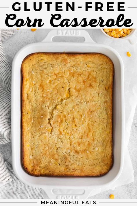 This gluten-free corn casserole includes a homemade gluten-free Jiffy cornbread mix that beats the boxed version any day! It’s savory, sweet, creamy, and perfect for holidays or any kind of gathering. Vegan Corn Casserole, Gluten Free Corn Casserole, Corn Casserole Jiffy, Scalloped Corn Casserole, Easy Corn Casserole Recipe, Corn Souffle, Scalloped Corn, Creamy Corn Casserole, Easy Corn Casserole