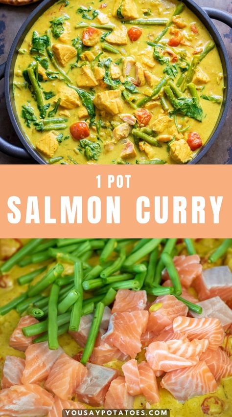 Dish of curry, photo of making curry, and title: 1 pot Salmon Curry. Curried Salmon Recipes, Salmon And Prawn Recipes, One Pot Salmon Recipes, Salmon Curry Bowl, Salmon Recipes Indian Style, Crock Pot Salmon Recipes, Coconut Milk Salmon Recipes, Salmon And Coconut Milk Recipes, Salmon Ideas For Dinner