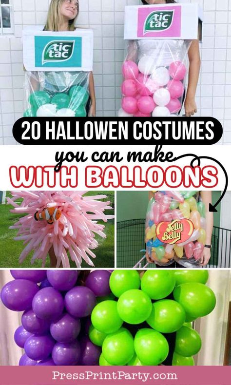 20 Unique Halloween Costumes with Balloons You Can Make – Discover unique and creative ideas for Halloween costumes that are perfect for women, kids, teens, and couples! These cute and trendy costume ideas are easy to make and great for matching or group costumes. Whether you’re looking for something pretty, fun, or totally unique, these balloon costumes offer a creative twist. Perfect for a duo or teenage friends who want to stand out this Halloween! by Press Print Party! The Best Diy Halloween Costumes, Tacky Costume Ideas, Diy Tic Tac Costume, Costume Winning Costumes, Balloon Costume Ideas, Balloon Costume Diy, Best Creative Halloween Costumes, Diy Inflatable Costume, Candy Themed Halloween Costumes