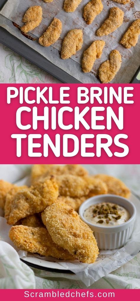 Pickle Brine Chicken, Chicken Tender Recipes Easy, Chicken Tender Recipe, Chicken Tender Recipes Baked, Easy Chicken Tenders, Pickle Chicken, Brine Chicken Breast, Pickle Brine, Dipping Sauces For Chicken