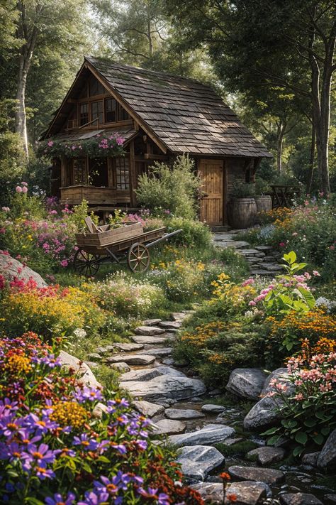 Cabin Garden Ideas, Vermont Gardening, Rustic Flower Garden, Cozy Garden Ideas, Rustic Cottage Garden, Rustic Courtyard, Winter Mansion, Wooded Backyard Landscape, Log Cabin Garden