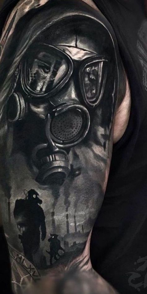 Shoulder Cover Up Tattoos, Gas Mask Tattoo, Chicanas Tattoo, J Tattoo, Skull Sleeve Tattoos, Realistic Tattoo Sleeve, Wicked Tattoos, Perfect Tattoo, Half Sleeve Tattoos For Guys