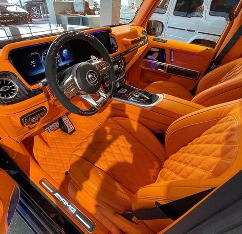 Orange Car Interior, White G Wagon, Whiskey Aesthetic, G Wagon Interior, Mercedes S Class Coupe, Car Finds, Lexus Suv, Mercedes Brabus, Amg G63