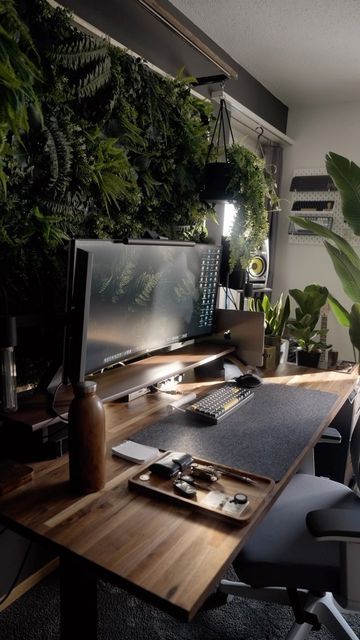 Plant Wall Desk Setup, Black White Brown Desk Setup, Black And Green Desk Setup, Greenery Desk Setup, Woodsy Gaming Setup, Black White And Green Desk Setup, Dark Green Desk Setup, Nature Themed Desk Setup, Wood And Black Gaming Setup