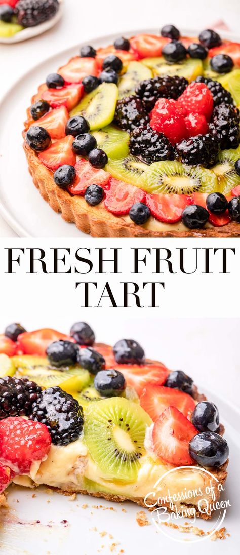 This is a French fruit tart recipe with step-by-step instructions and photos. A sweet, crunchy Pâte Sucrée/Sweet Shortcrust Pastry tart shell is filled with Creme Patissiere/ Vanilla Pastry Cream and then topped with loads of fresh fruit. Learn how to make this awesome French dessert. Whole Foods Fruit Tart Recipe, Fruit Tarts Recipe Dessert, Advanced Desserts, French Fruit Tart Recipe, Berry Tart Recipe, Fruit Tart Recipe Easy, Fruit Tart Filling, Tart Crust Recipe, Berry Desserts