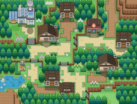 Pokemon Route Art, Tile Map Pixel Art, Pokemon Tilesets, Pokemon Maps, D&d Town Map, Pokemon Towns, Top Down Tileset Pixel Art, Pokemon Dungeon, 2d Rpg