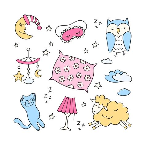 Sleep set in doodle style. Good night symbols moon, lamp, cat, pillow Sleep Clipart, Bed Doodle, Sleep Doodle, Moon Doodles, Spa Bed, Doodle Ideas, Moon Lamp, Animal Doodles, Doodle Style