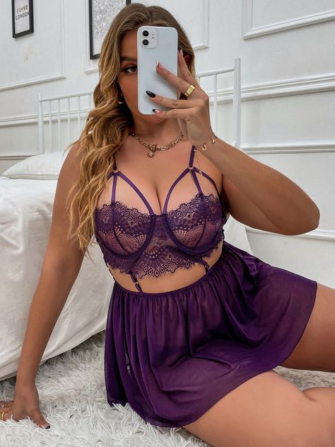 Violet Purple Sexy Collar   Plain Babydolls Embellished Medium Stretch  Women Plus Intimates Lacy Lingerie, Valentine Dress, Color Violet, Lingerie Outfits, Violet Purple, Valentine's Day Outfit, Bridal Lingerie, Plus Size Lingerie, Outfits Summer