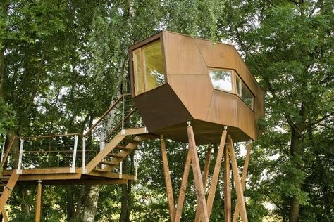 Imagine A "No Girls Allowed" Sign On These: Baumraum Treehouses of Germany Modern Tree House, Treehouse Hotel, Woodland House, Home Design Magazines, Cool Tree Houses, Tree House Designs, Family Estate, Pond Design, Stilts