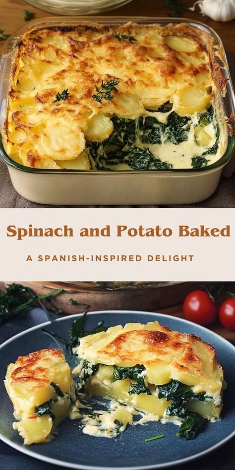 Spinach and Potato Casserole: A Spanish-Inspired Delight Ingredients: 450 grams of potatoes, peeled and sliced Water (for boiling potatoes) Salt (to taste, for seasoning) 1 onion, finely chopped Vegetable oil (for cooking and greasing the casserole dish) 250 grams of spinach, washed and roughly chopped 4 eggs 4 tablespoons cream cheese 1/2 teaspoon granulated garlic 1 teaspoon baking powder 150 grams pizza mozzarella, shredded Additional salt for seasoning #Spinach #Casserole Spinach And Potato Recipes, Boiling Potatoes, Potato Baked, Granulated Garlic, Spinach Casserole, Vegetable Side Dishes Recipes, Potato Recipes Side Dishes, Potatoe Casserole Recipes, Spanish Cuisine