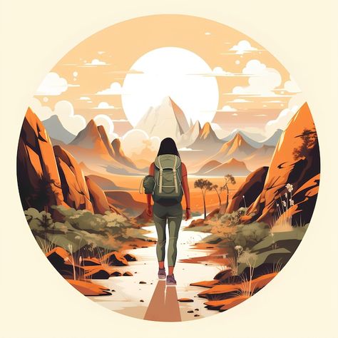 Photo minimalist flat vector style of an... | Premium Photo #Freepik #photo Trekking Painting, Minimalist Illustration Art, Inktober Ideas, Woman Hiking, Minimalist Flat, Mountain Illustration, Mountain Travel, Photo Editing Tutorial, Flat Vector