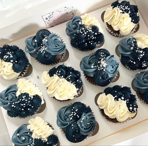 Navy And Dusty Blue Cupcakes, Black And Blue Cupcakes, Prom Cupcakes, Blue And Silver Cupcakes, Navy Blue Cupcakes, Navy Cupcakes, Blue Wedding Cupcakes, Engagement Cupcakes, Silver Cupcakes