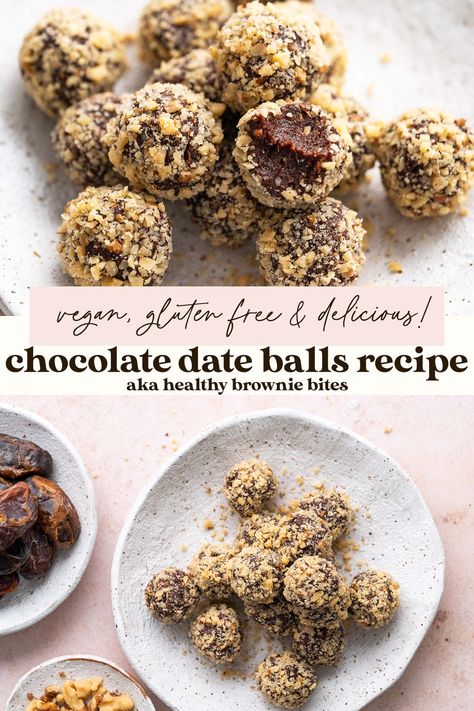 chocolate date balls recipe pin Dates Chocolate Balls, Chocolate Brownie Date Balls, Brownie Date Balls, Date Chocolate Balls, Chocolate Date Balls, Almond Date Balls, Date Power Balls, Deglet Noor Date Recipes, Dates Dessert