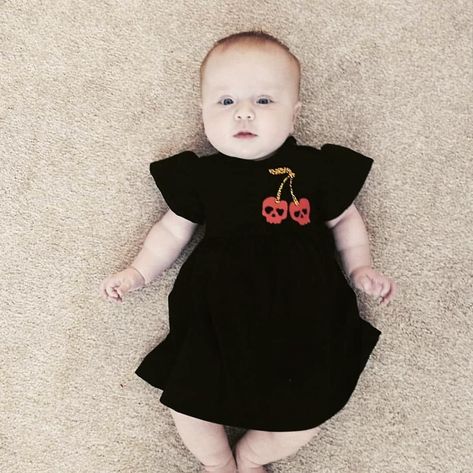 One of our bestsellers back in stock in all sizes! Cherry dresses go from 0-3 months up to age 2-3 😍 #metallimonsters #altmums #babyfashion #cutebabies #rockabillybaby Alternative Baby Clothes, Rockabilly Baby, 4 Month Baby, Selling Stuff, Cherry Print Dress, Halloween Baby Shower Theme, Baby Girls Dresses, Stay Spooky, Rockabilly Style