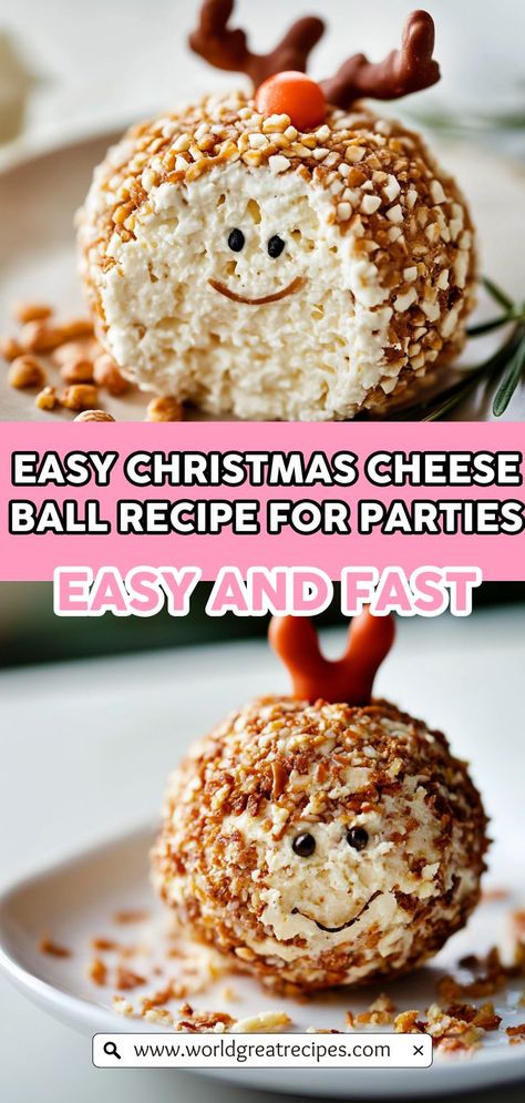 Make your holiday parties unforgettable with this Easy Christmas Cheese Ball Recipe! This delightful appetizer is a fantastic centerpiece for your festive table, combining creamy textures and savory flavors that everyone will love. With simple ingredients like cream cheese, walnuts, and vibrant veggies, this Rudolph-inspired cheese ball brings a fun twist to traditional holiday snacks. Quick to prepare and even easier to enjoy, it's a must-have for your holiday gatherings and potlucks. Strawberry Cheese Ball, Festive Christmas Cheese Ball, Snowman Cheese Ball Recipes, Deviled Ham Cream Cheese Ball, Simple Cheese Ball Recipes, Christmas Cheese Balls Recipe, Easy Cheese Ball 3 Ingredients Simple, Simple Cheese Ball Recipe, Cheese Ball Recipes Christmas