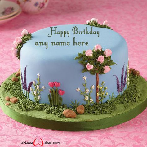 Cake Designs Fondant Simple, Meadow Cake Ideas, Garden Cake Design, Garden Cake Ideas, Flower Garden Cake, Birthday Cake With Name Edit, Best Wishes Birthday, Floral Cake Birthday, Garden Theme Cake