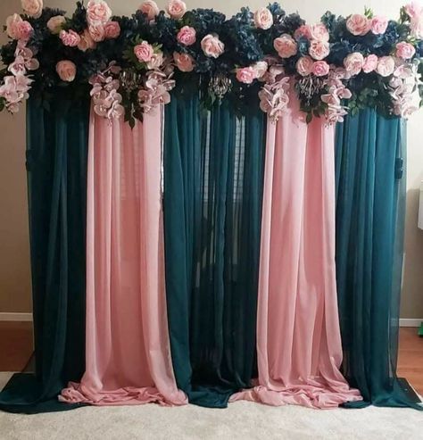 Teal Backdrop Ideas, Emerald Green Backdrop, Engagement Setup, Teal Backdrop, Teal Party, Backdrop Stands, Dark Blue Flowers, Housewarming Decorations, Diy Wedding Backdrop